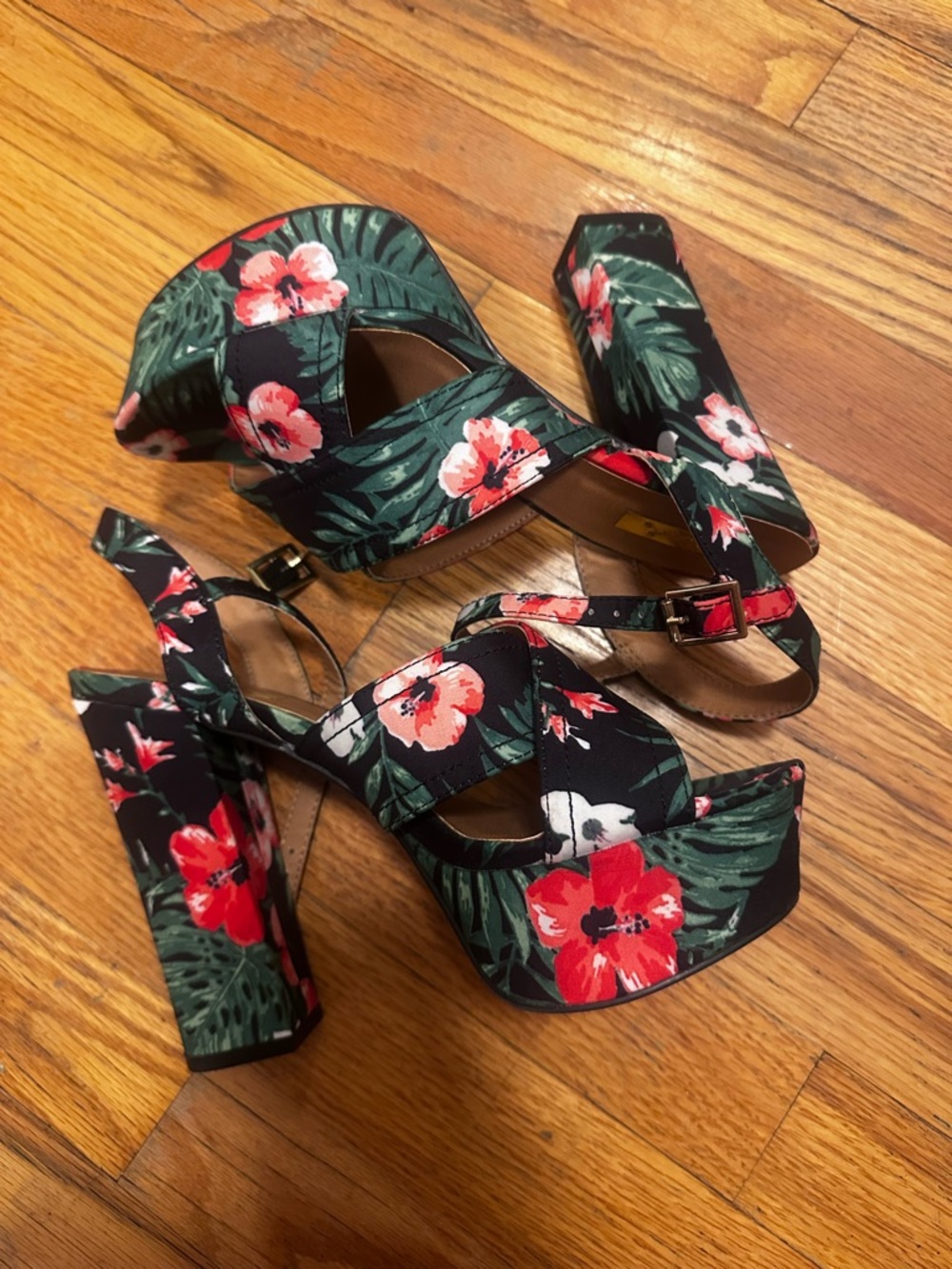 Floral Platform Block Heel Sandals - Black with Red & Green Floral Print